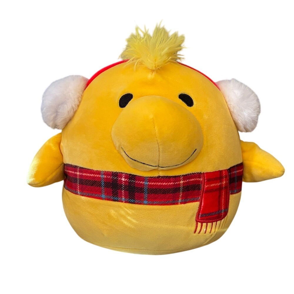 Peanuts Squishmallow Woodstock Plush‎ w/ Holiday Red Plaid Scarf & Earmuffs 8"